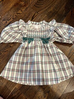 Bonnie Baby Cream Plaid Dress with Red and Green Trim